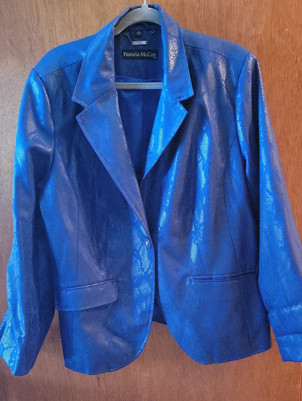 Pamela McCoy Shiny Royal Blue Faux Leather Look Blazer